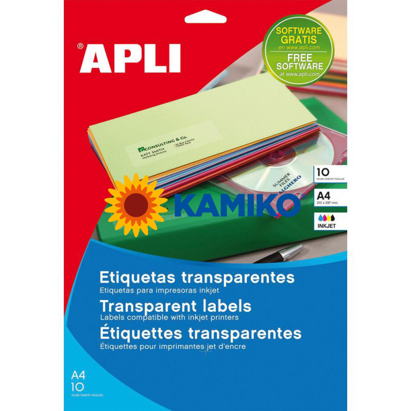APLI Etikety polyesterové priehľadné 210 x 297 mm A4 inkjet 10 hárkov