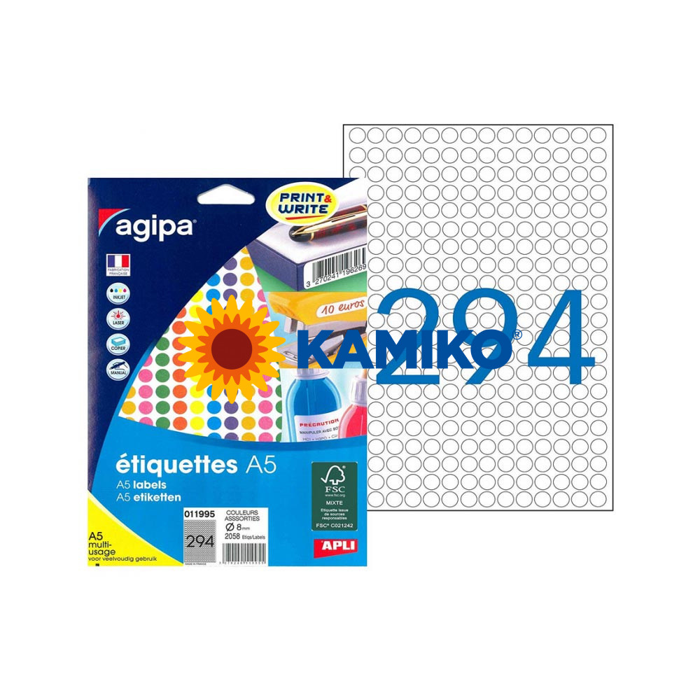 AGIPA Etikety pr. 8 mm kruhové A5, farebný mix