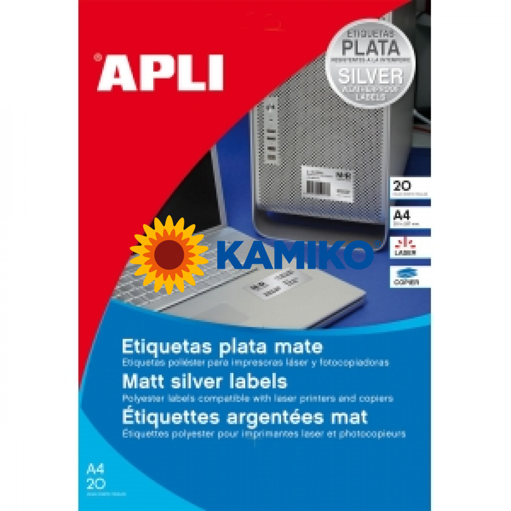 Etikety APLI 63,5 x 29,6 mm, polyesterové strieborné,  20 hárkov 